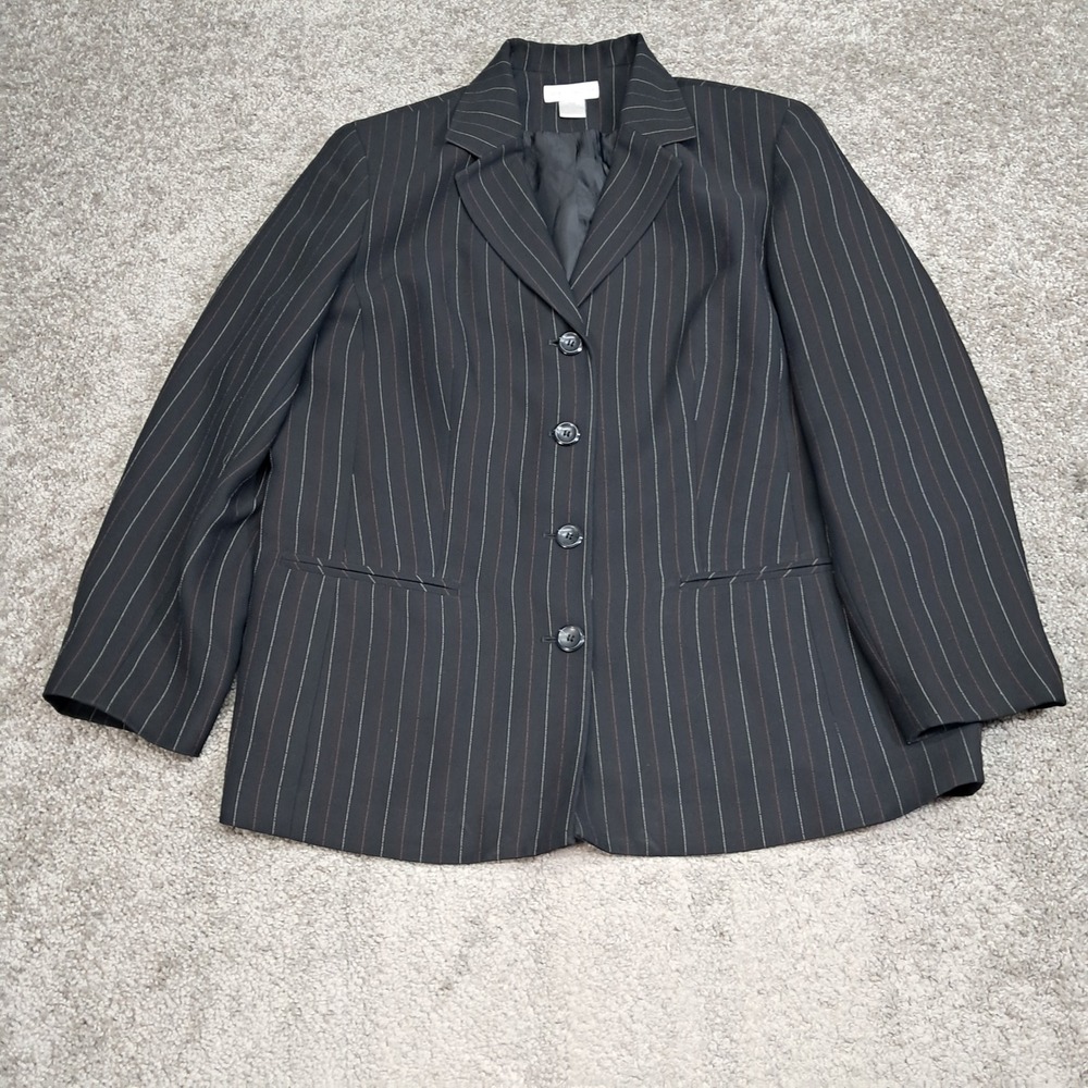 Worthington Womens Black Pinstripe 4-Button Blazer Jacket Plus Size 16W